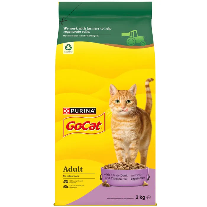 GO-CAT Chicken and Duck complete dry cat food in a 2kg bag