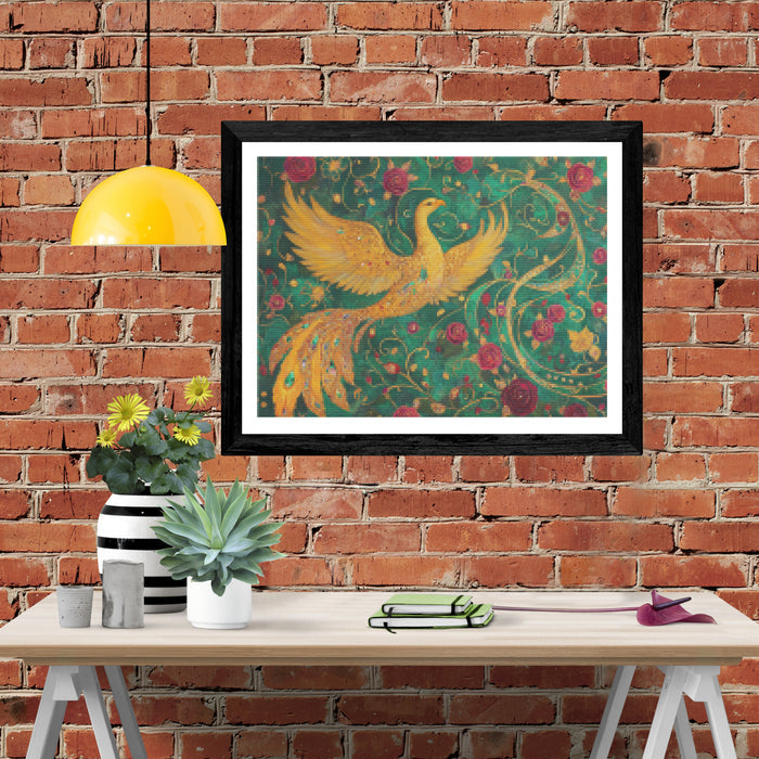 Golden Phoenix Rises From A Mystical Garden