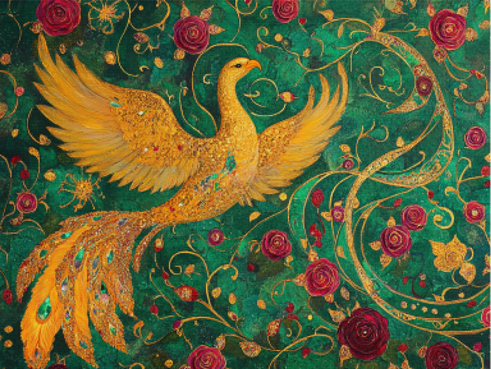 Golden Phoenix Rises From A Mystical Garden