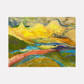 The artwork 'Golden Rod' by Beth Barry features vibrant abstract landscape with flowing curves in yellow, blue, and coral tones. Bold brushstrokes create rolling hills and winding rivers, while a luminous golden sky dominates the upper portion. The acrylic painting on canvas showcases dynamic movement through expressive color transitions and layered textures by Beth Barry.