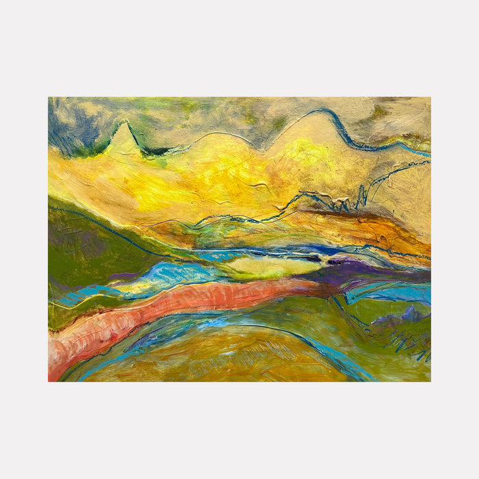The artwork 'Golden Rod' by Beth Barry features vibrant abstract landscape with flowing curves in yellow, blue, and coral tones. Bold brushstrokes create rolling hills and winding rivers, while a luminous golden sky dominates the upper portion. The acrylic painting on canvas showcases dynamic movement through expressive color transitions and layered textures by Beth Barry.