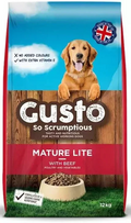 Gusto Mature Lite complete dry dog food for older dogs in a 12kg bag