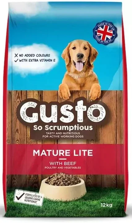 Gusto Mature Lite complete dry dog food for older dogs in a 12kg bag