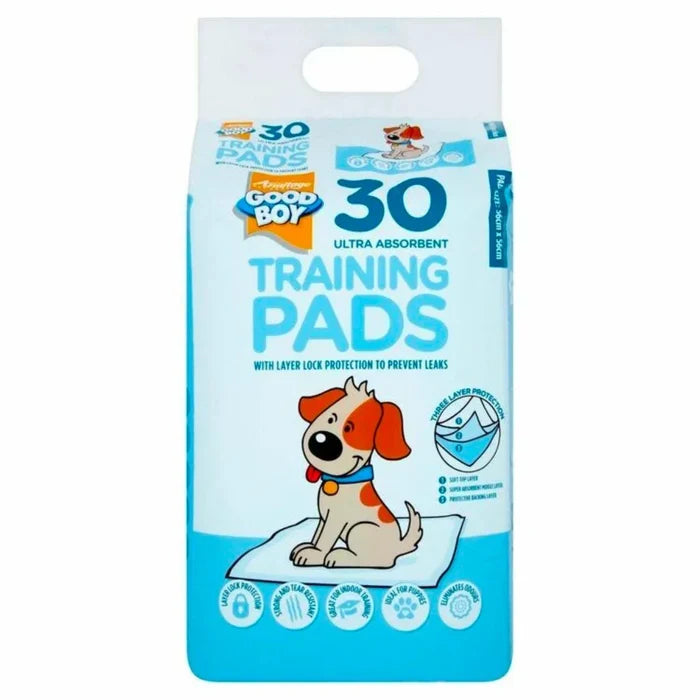 Good Boy puppy training pads, 30 pack, showing an absorbent pad and its packaging
