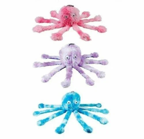 Gor Reef Daddy Octopus plush dog toy in blue, purple and pink, with eight long soft legs