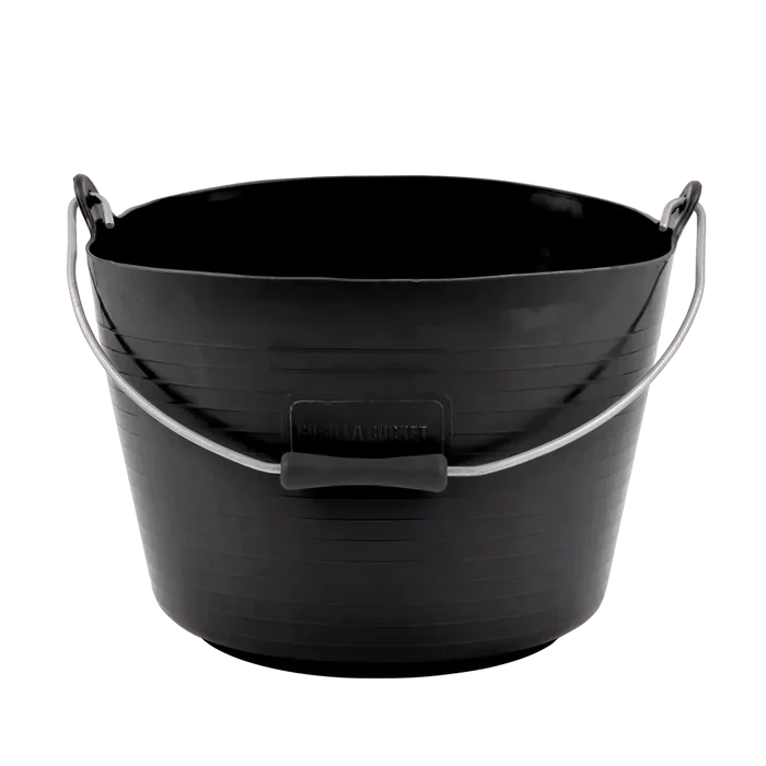 Red Gorilla Flexi Bucket with Handle, 22 litres, in black, with a metal carry handle and ribbed flexible sides