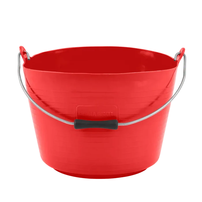 Red Gorilla Flexi Bucket with Handle, 22 litres, in red, with a metal carry handle and ribbed flexible sides