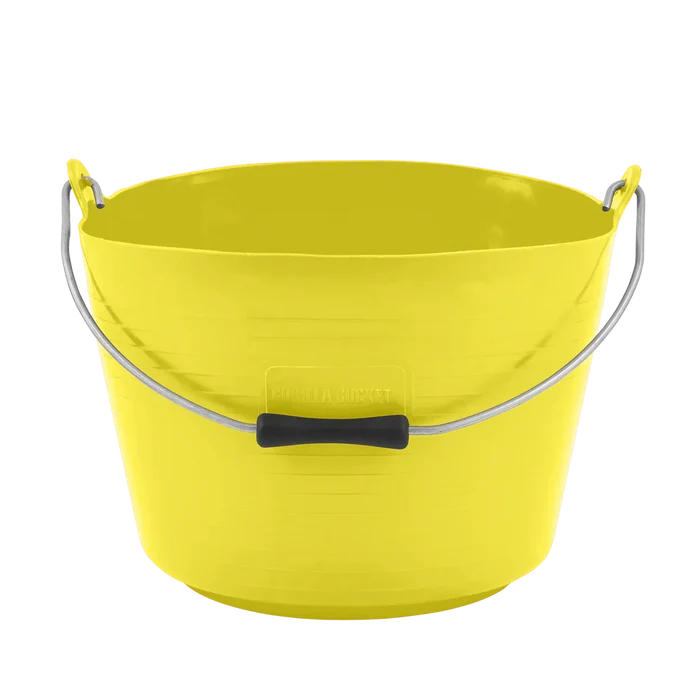 Red Gorilla Flexi Bucket with Handle, 22 litres, in yellow, with a metal carry handle and ribbed flexible sides