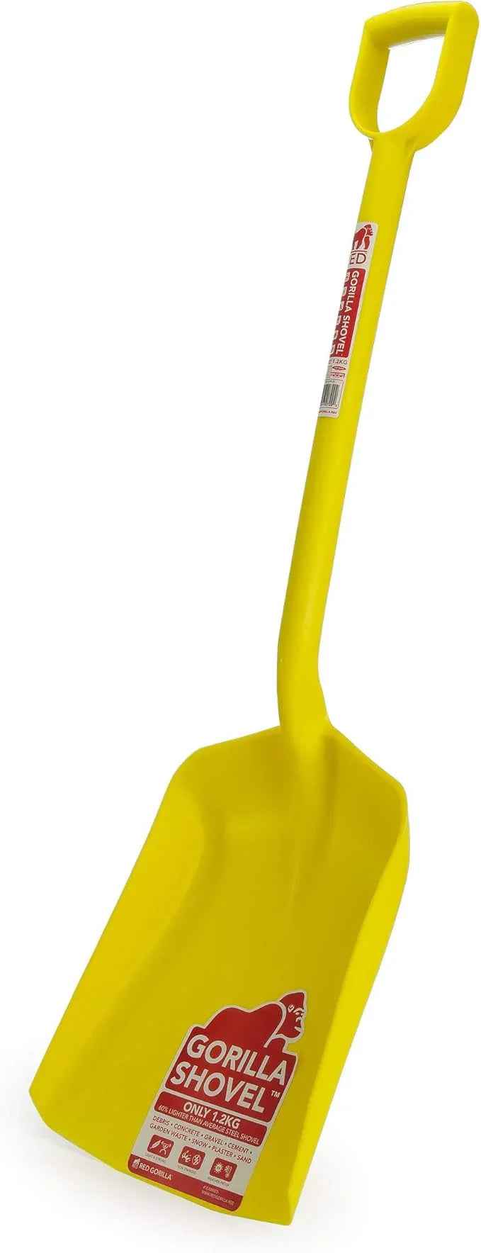 Red Gorilla Gorilla Shovel in yellow, a one-piece polypropylene shovel with a wide blade and D-shaped handle