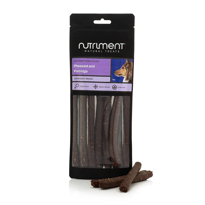 Pack of five air-dried pheasant and partridge meat sticks for dogs, shown with the retail packaging