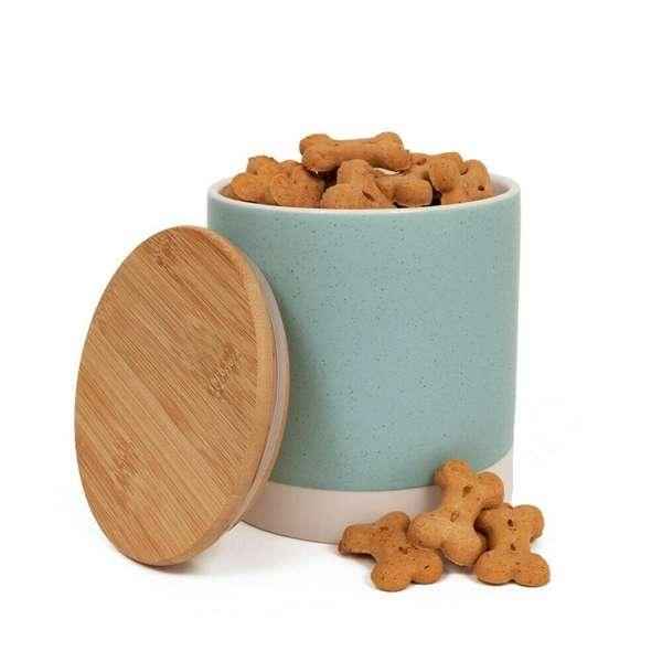 Great & Small Penrose stoneware treat jar in teal with a bamboo lid