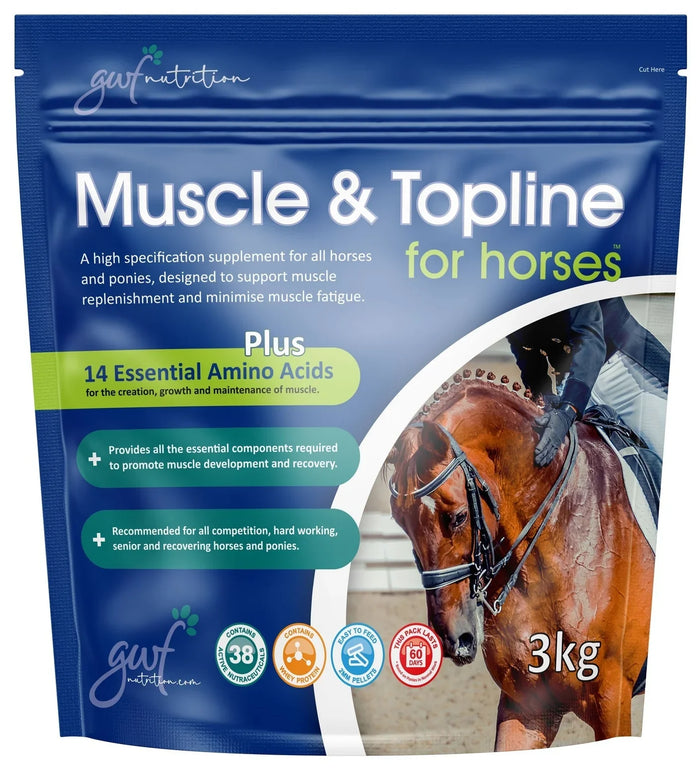 GWF Muscle & Topline for Horses 3kg pouch, 41% protein amino acid supplement pellets, front of pack