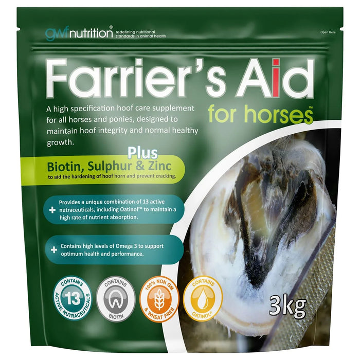 GWF Nutrition Farrier's Aid 3kg resealable pouch, biotin and methionine hoof supplement pellets, front of pack
