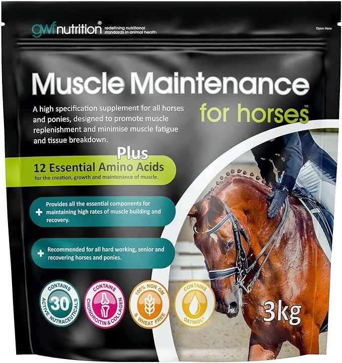 GWF Nutrition Muscle Maintenance for Horses 3kg pouch, amino acid and vitamin E muscle supplement, front of pack