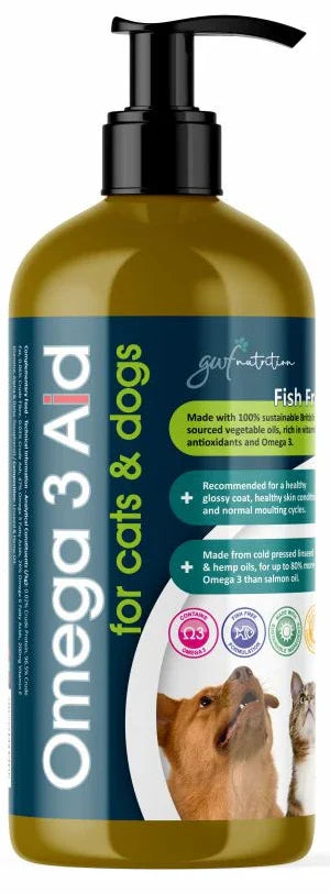 GWF Nutrition Omega 3 Aid 500ml pump-action bottle of fish-free skin and coat oil, shown with its carton