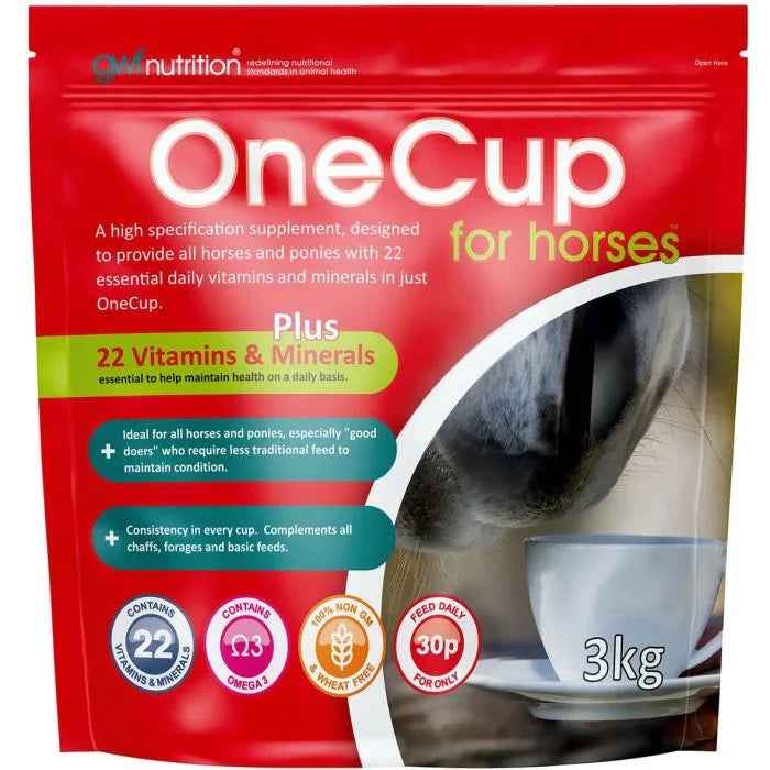 GWF Nutrition OneCup 3kg pouch, 26 vitamin and mineral pellets fed at one 100g cup a day, front of pack