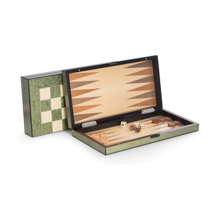 Harrison Green Inlaid  Wood Backgammon & Chess Set