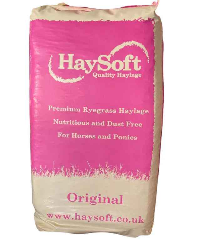 HaySoft Original haylage in its pink bag, a sealed rye grass forage for horses and ponies