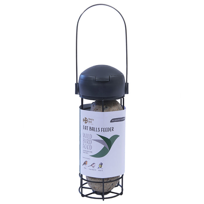 Henry Bell Essentials ready to feed fat ball feeder, a wire cage of fat balls with a hanging loop on top
