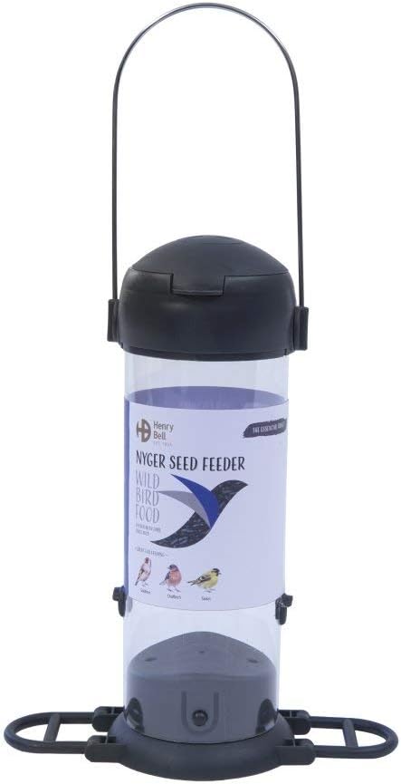 Henry Bell Essentials nyger seed feeder, a narrow hanging tube feeder for fine thistle seed