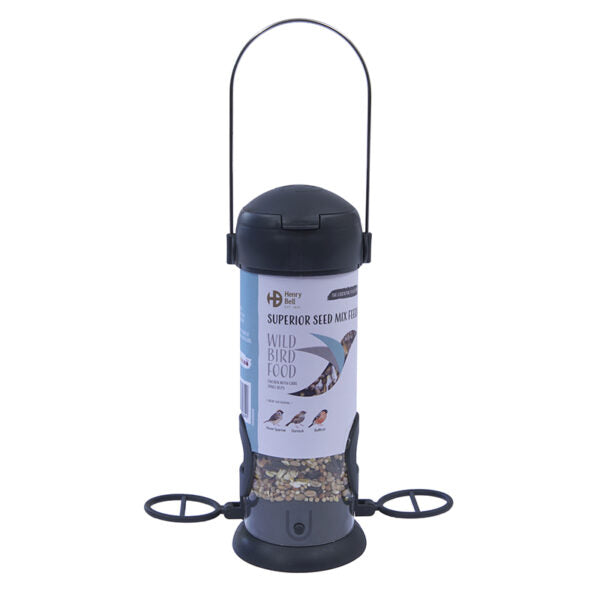 Henry Bell Ready to Feed seed feeder pre-filled with 250g Superior Seed Mix, ready to hang