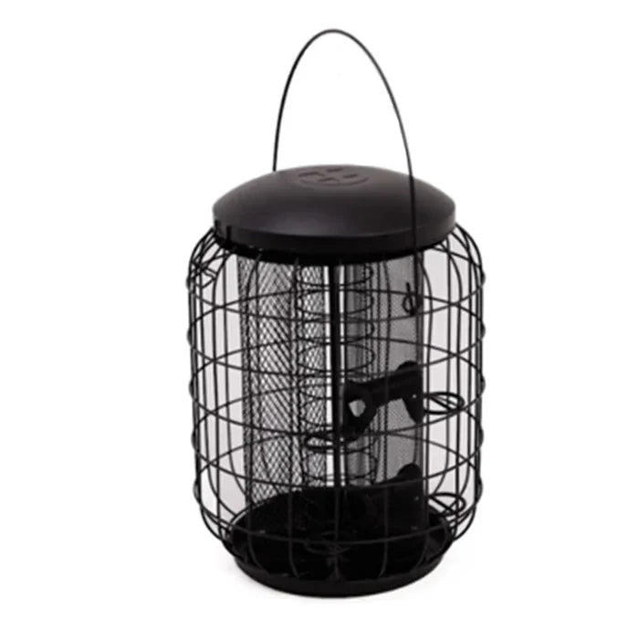 Henry Bell heavy duty 3 in 1 squirrel proof feeder in black, with seed, fat ball and peanut feeders in a cage