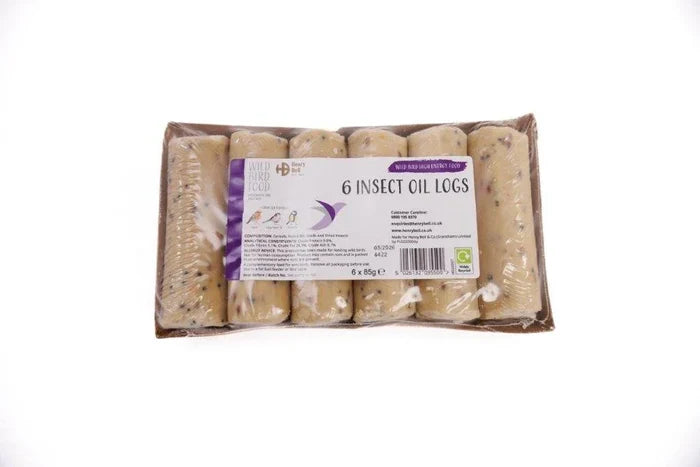 Henry Bell insect oil suet logs, pack of six cylindrical logs for a wooden log feeder