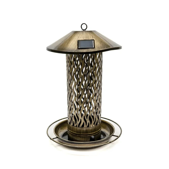 Henry Bell Solar Seed Copper Feeder in large size, copper-finish seed tube with a solar LED in the lid