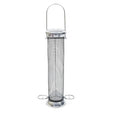 Henry Bell Sterling peanut feeder in silver aluminium, 32cm tall, with a wire mesh column and perch ring