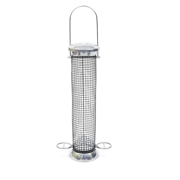Henry Bell Sterling peanut feeder in silver aluminium, 32cm tall, with a wire mesh column and perch ring