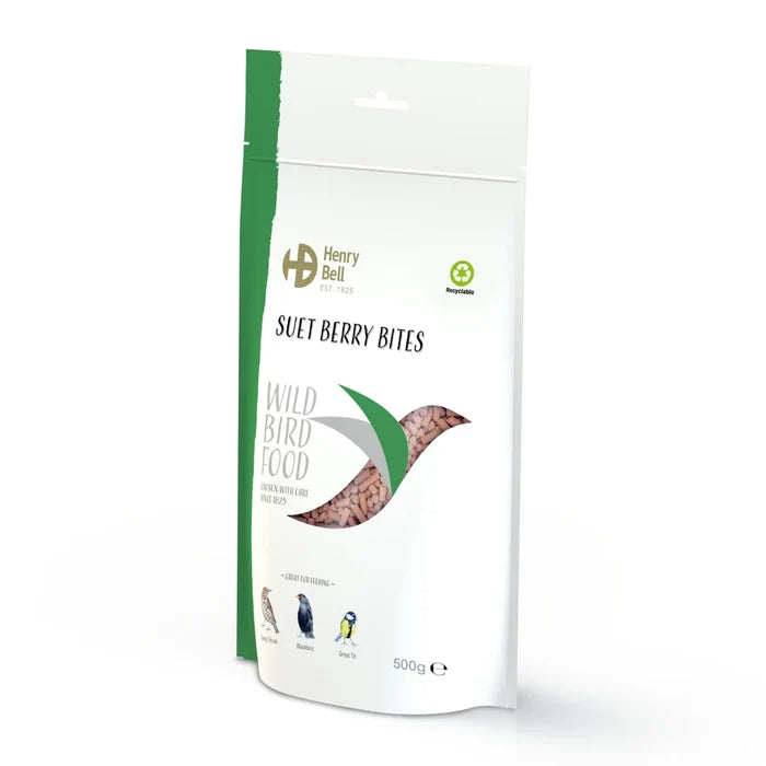 Henry Bell Suet Berry Bites 500g pack of red berry-flavoured suet pellets for garden birds