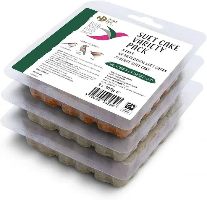 Henry Bell Suet Cake Variety Pack of three wild bird suet cakes in mealworm and berry recipes