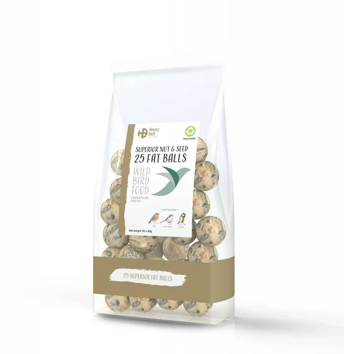 Henry Bell Superior Fat Balls pack of twenty-five net-free nut and seed fat balls