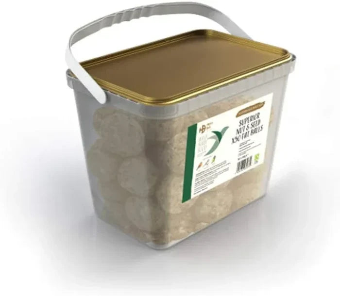 Henry Bell Superior Fat Balls tub of fifty net-free nut and seed fat balls for garden birds
