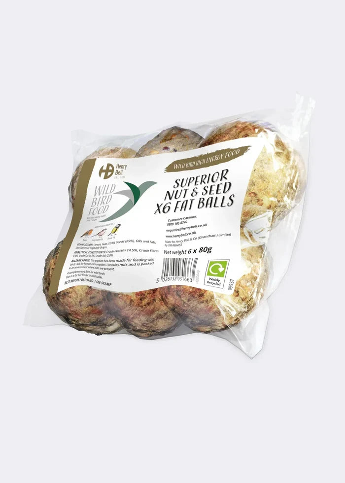 Henry Bell Superior Fat Balls pack of six net-free nut and seed fat balls for wild birds