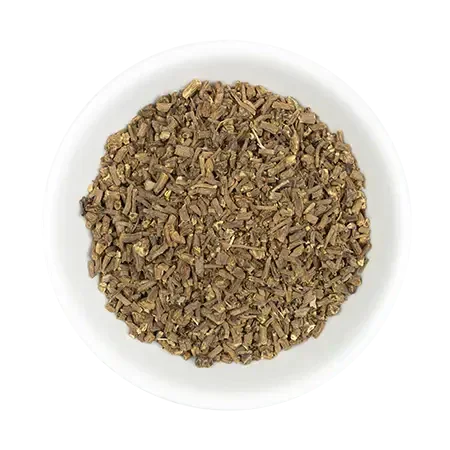 Close view of Hilton Herbs dried cut valerian root, showing the coarse cut of the dried root