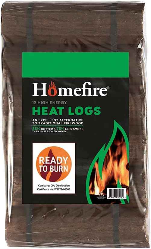 Homefire Heat Logs, a pack of 12 compressed logs made from 100% recycled wood waste