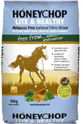 Honeychop Lite & Healthy 15kg bag, molasses-free low calorie oat straw and Timothy grass chaff, front of pack