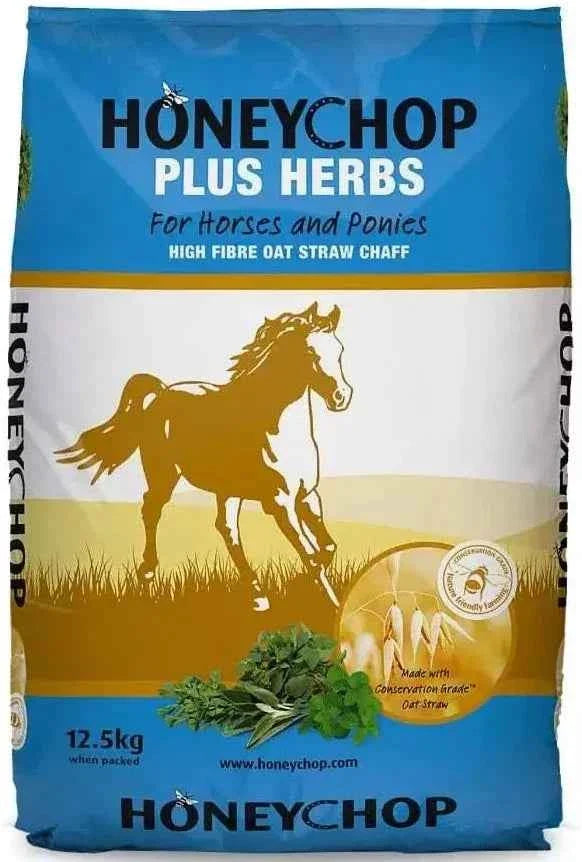 Honeychop Plus Herbs 12.5kg bag, oat straw chaff with thyme, oregano, mint and basil, front of pack