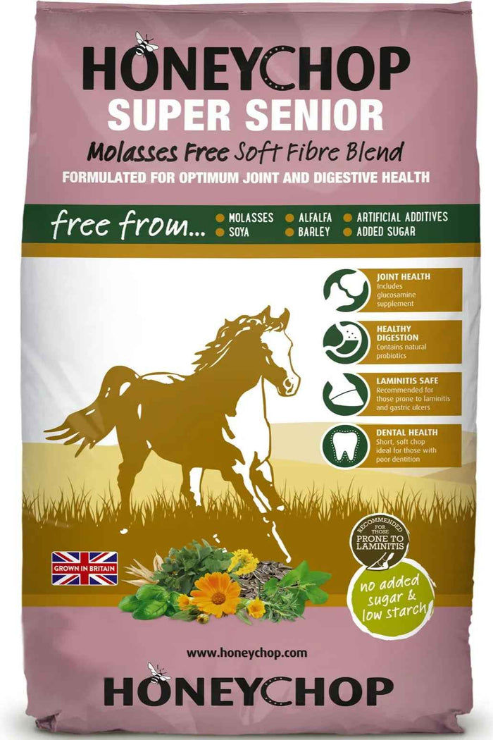 Honeychop Super Senior bag, molasses-free soft fibre blend with glucosamine for older horses, front of pack
