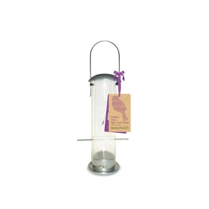 Honeyfield's brushed stainless steel heavy duty nyger seed feeder hanging by its handle