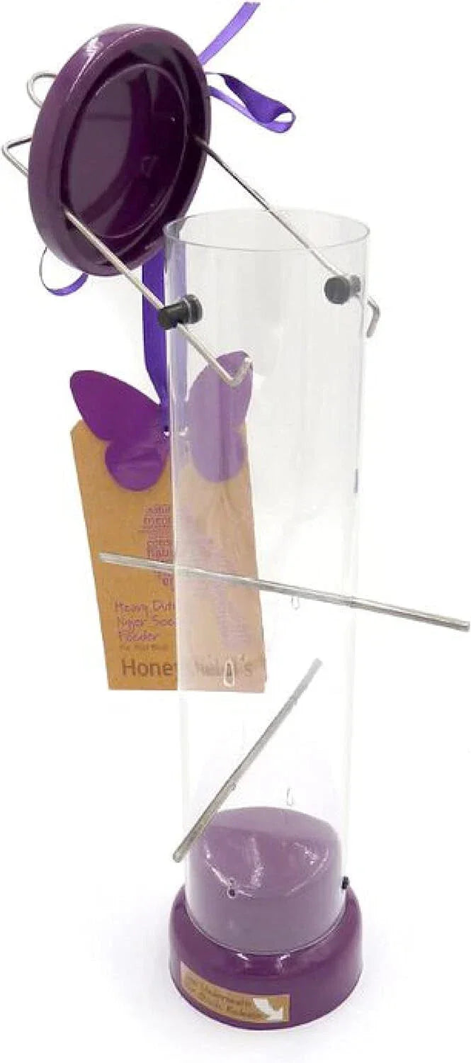 Honeyfield's heavy duty nyjer seed feeder in purple powder-coated steel with stainless steel hanging handle