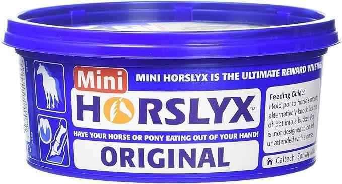 Horslyx Original Mini Lick 650g tub shown from a second angle with its label