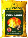 Hotmax 20kg bag of compressed recycled wood fuel logs, dense cylindrical discs of softwood