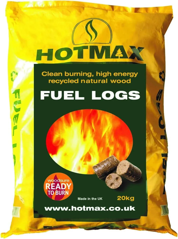 Hotmax 20kg bag of compressed recycled wood fuel logs, dense cylindrical discs of softwood