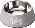 House of Paws Woof two-part dog bowl in grey with WOOF lettering and a removable steel inner