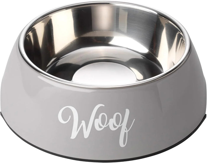 House of Paws Woof two-part dog bowl in grey with WOOF lettering and a removable steel inner