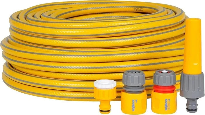 Hozelock 15m garden hose starter set coiled, with its tap and hose connectors