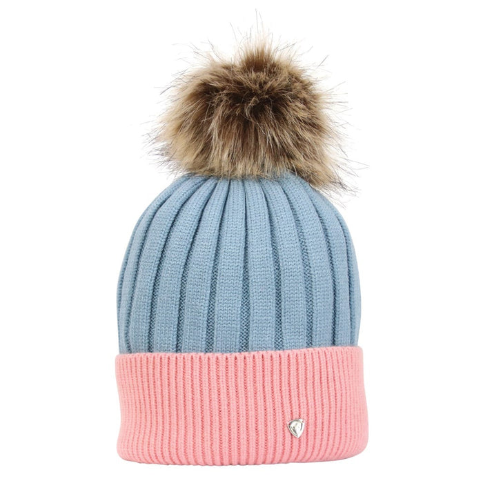 Hy Equestrian Synergy Luxury Bobble Hat, two-tone knit hat with a large detachable faux fur bobble and a metal logo disc