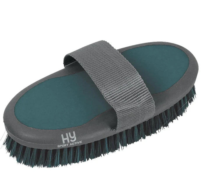 Hy Sport Active soft touch body brush in alpine green, a large oval brush with dense soft polypropylene bristles